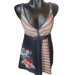Ile Moorea Black and Multicolor Striped Swim Dress Size M